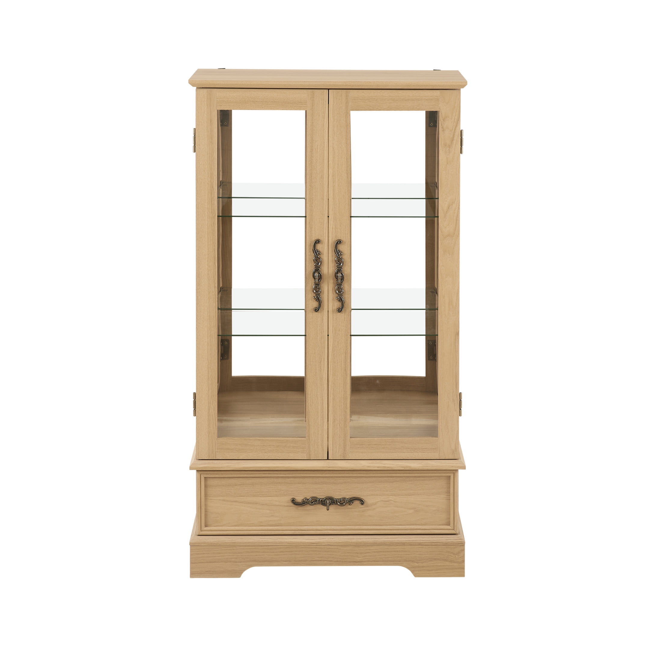 Noble House Louisa Lighted Curio Cabinet, Glass Display Case with Drawer, Mirrored Back & Adjustable Shelves, Light Oak