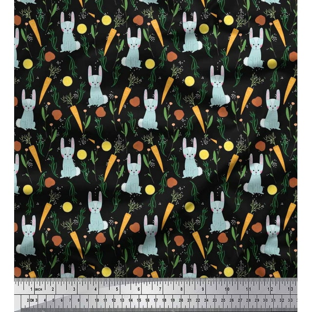Soimoi Cotton Poplin Fabric Leaves,Carrot & Rabbit Kids Decor Fabric Printed Yard 42 Inch Wide