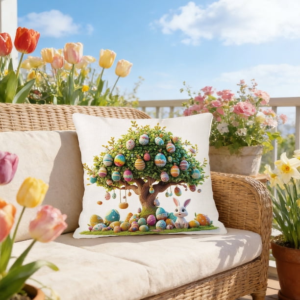 Funda de cojín de lino con estampado de conejo y huevo de Pascua | Funda de cojín decorativa de 45 x 45 cm para sofá, dormitorio | Decoración de Pascua para el hogar