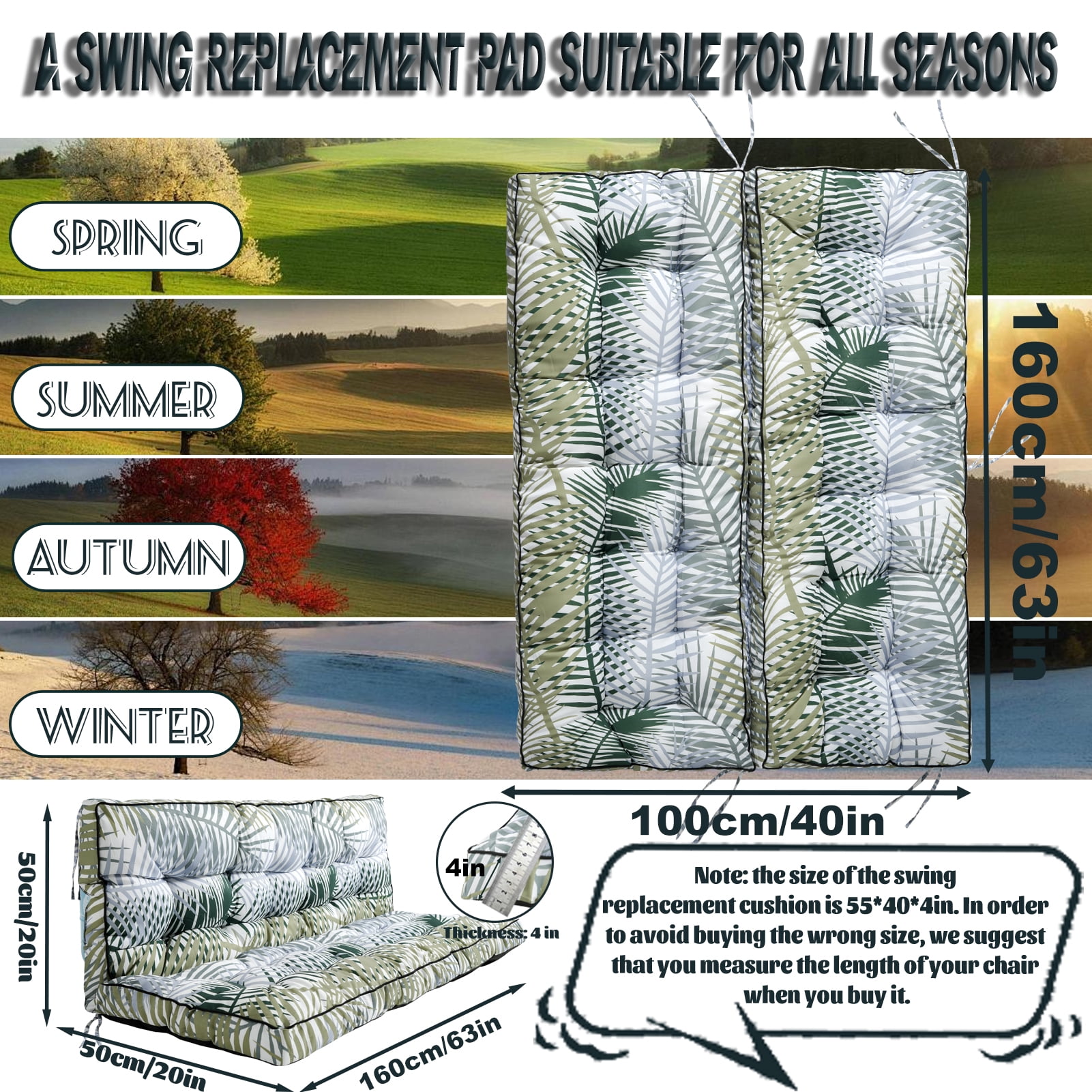 Replacement Cushions for Outdoor Swing, Swing Replacement Cushions Thicken 4" with Backrest, Waterproof Bench Cushions for Patio Furniture Porch Swing Cushions (Bamboo Leaves)