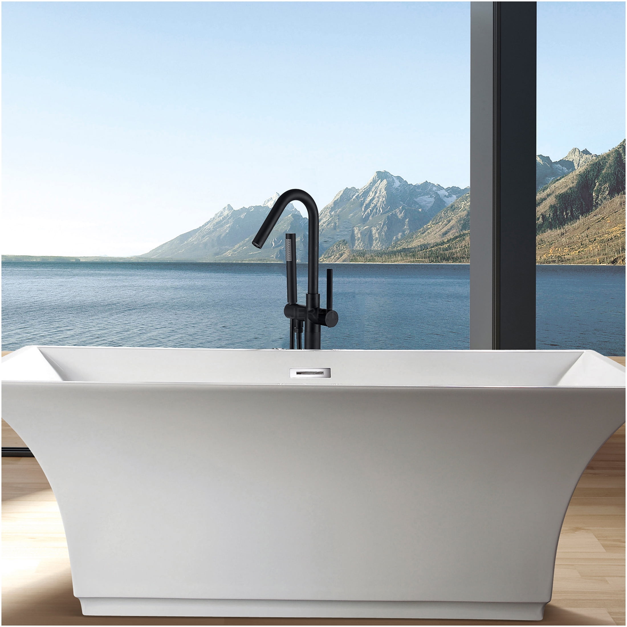 JERFIT Matte Black Freestanding Tub Filler with Hand Shower, Modern Bathroom Faucet for Bathtub, Metal Construction