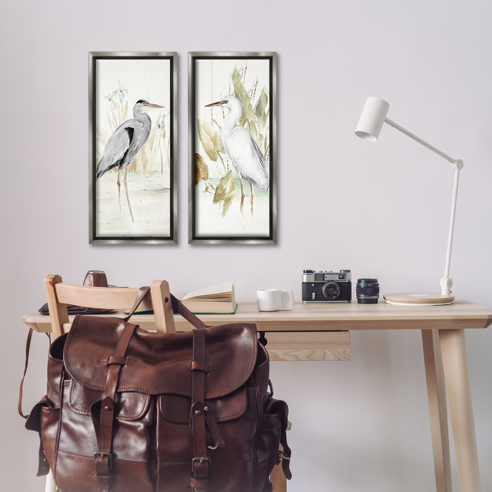 Stupell Industries Heron Egret Marsh Landscape Animals Painting Gray Floater Framed Canvas Art Print Wall Art, 11 x 25, Set of 2