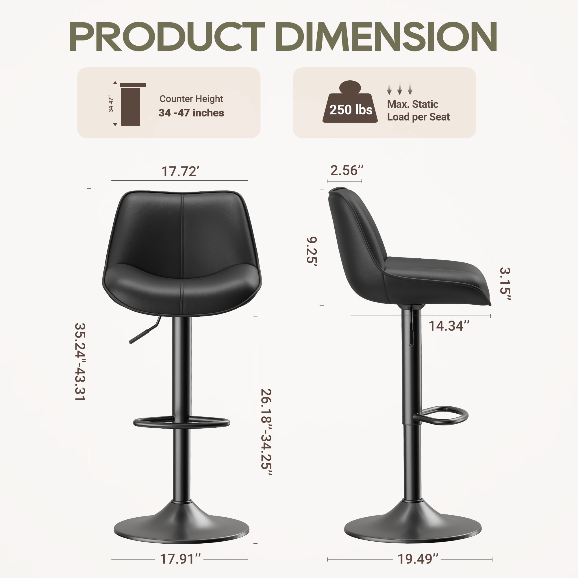 EOP Upholstered Bar Stool Set of 1, Adjustable Swivel Counter Height Bar Chair with Backrest, Modern PU Leather Counter Stool for Bar, Kitchen, Dining Room, Black