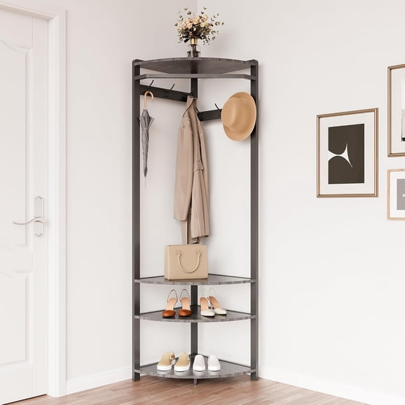 ChaoLink Corner Coat Rack with Shoe Bench and 6 Double Hooks - Entryway Organizer with Storage Shelf