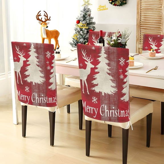 YAZAOO Chair Covers Set Home Kitchen Adorable Red Reindeer and Tree Party Decor Seat Back Cover Protector