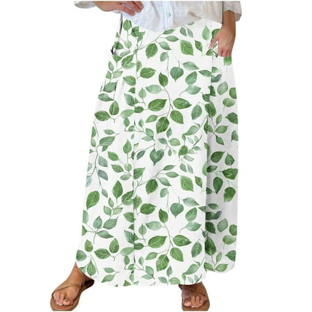 Mrat Plus Size Swim Skirt Women s Casual Retro Floral Skirts Linen Elastic Waist Pleated Maxi Skirt with Pockets Plus Size Skirts S-135 Green 5XL