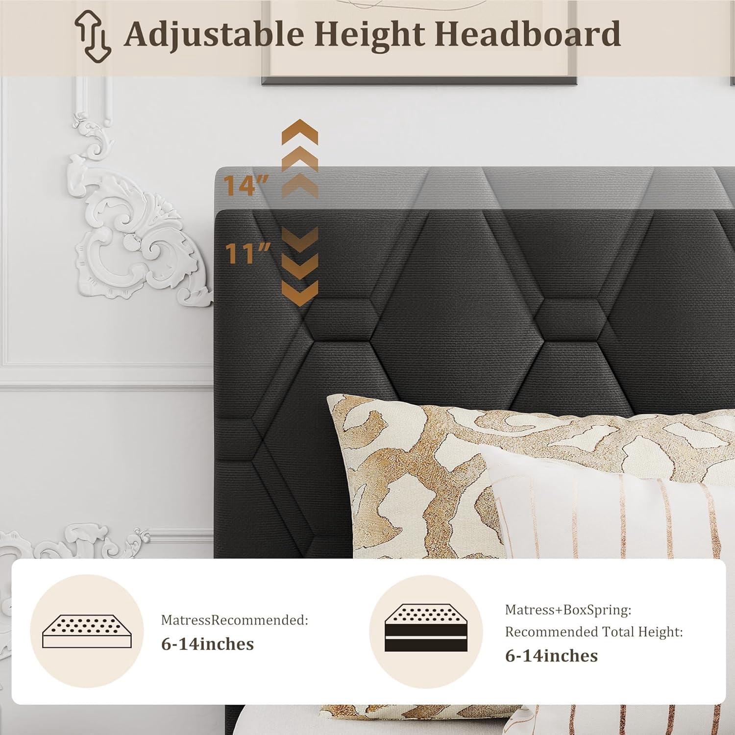 IDEALHOUSE Grey Queen Bed Frame with Upholstered Headboard, Heavy-Duty Platform Bed Frame with Strong Wood Slats, No Box Spring Needed/Easy Assembly/Noise Free