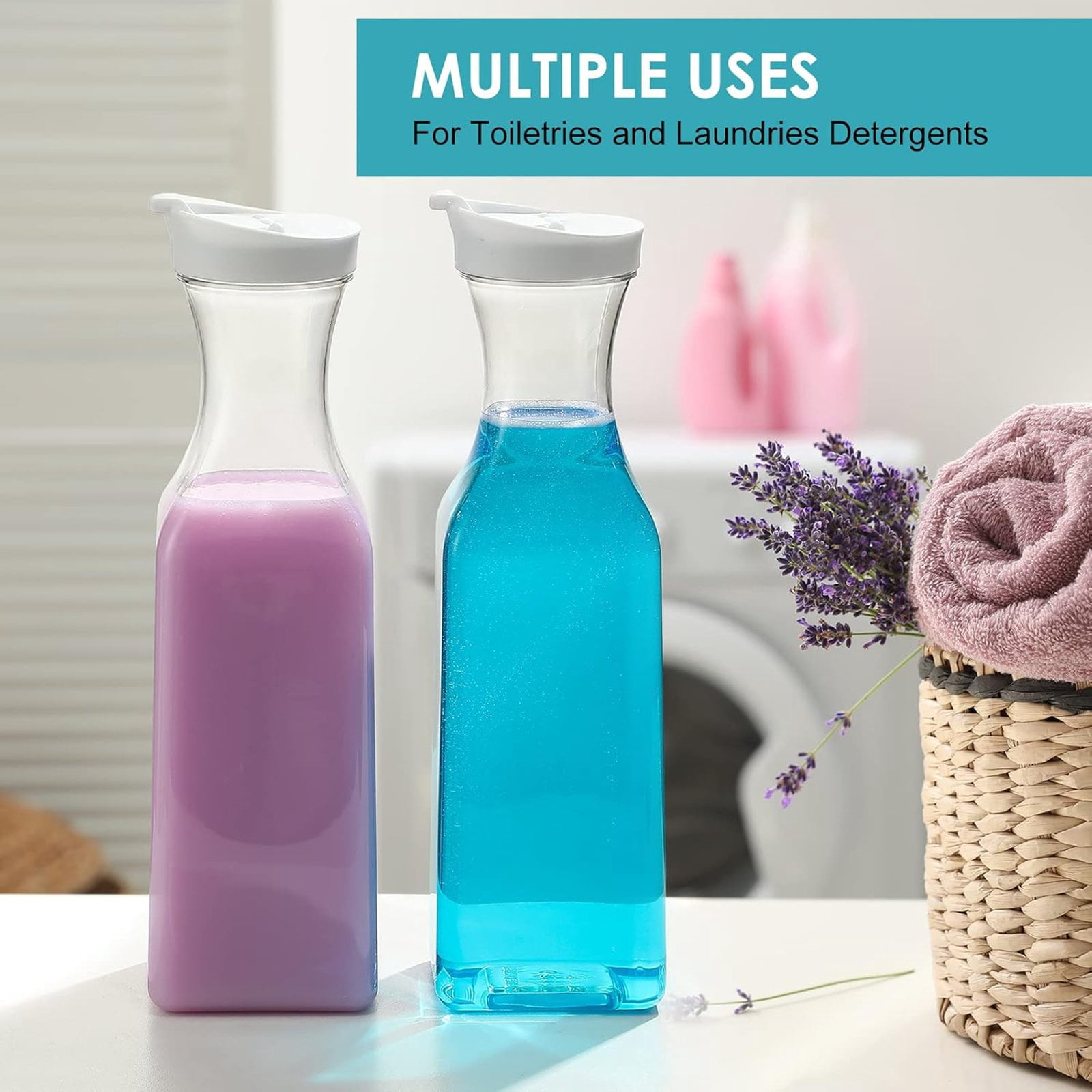 Bxaolu 50oz Plastic Juice Carafe with Lids (4 Pack) 1500ml Carafes for Mimosa Bar, Drink Pitcher with Lid, Milk Container, Clear Beverage Containers for Fridge, Pantry Storage, Square Pitchers