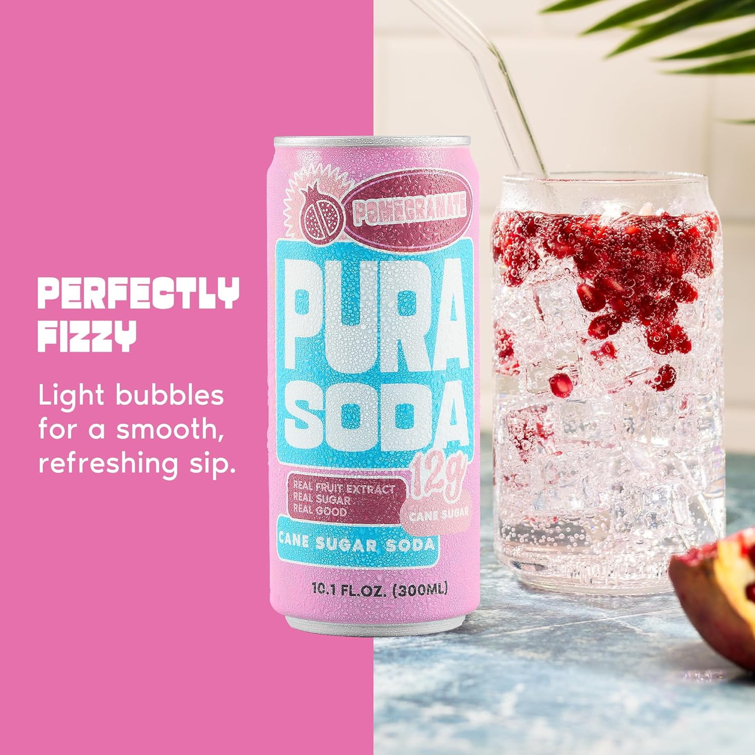 PuraSoda® Pomegranate | Low-Calorie, Cane Sugar Soda Beverage | Non-GMO, Vegan | Made with Pure Cane Sugar, No Preservatives | 10.1 fl oz (300ml) Cans, 24-Pack