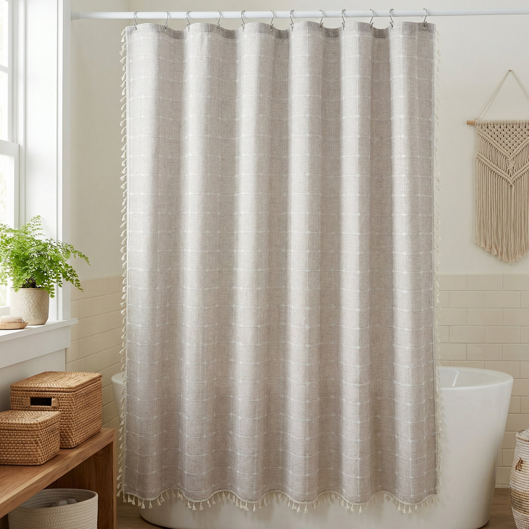 Unique Bargains Boho Plaid Blend Shower Curtain Sets with Hooks Grey 72"W x 72"L