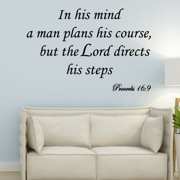 VWAQ In His Mind a Man Plans His Course But the Lord Directs His Steps Proverbs 16:9 Bible Wall Art Decal (15"H x 22"W Black)