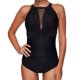 thumbnail image 2 of Traje de baño de bikini de una pieza plisado de malla con cuello alto y cuello en V de una pieza para mujer Negro L JM, 2 of 5