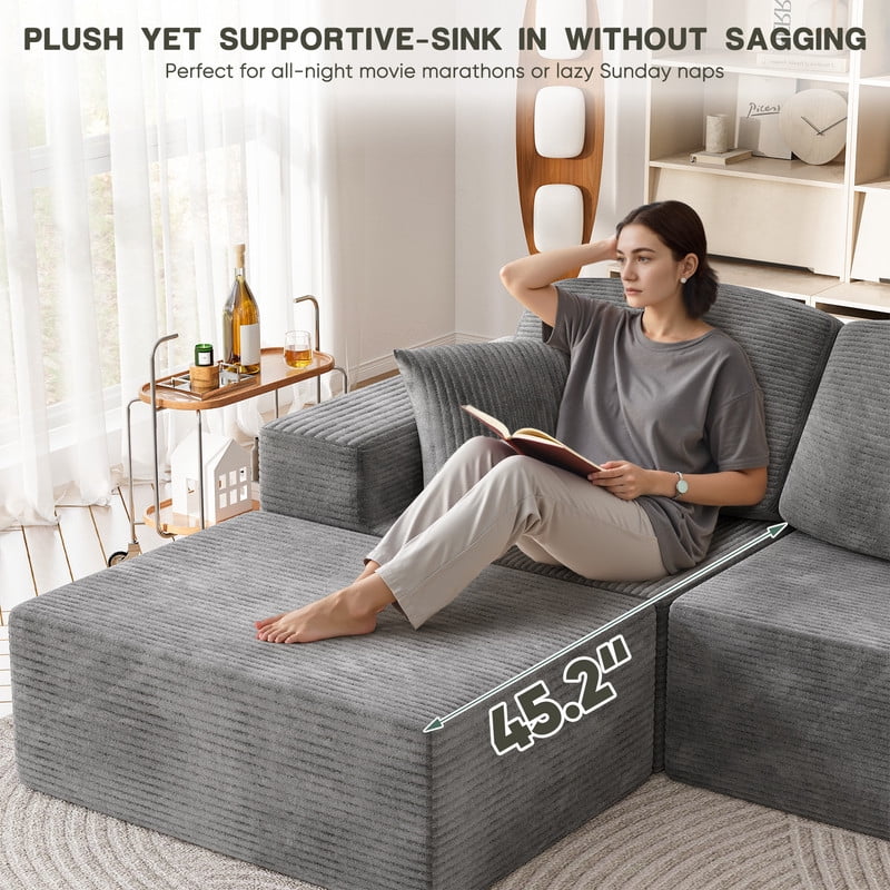 Homall 98.4" L-shaped Multi-person Boneless Sectional Couches and Sofas Modular Sectional No Assembly Required Living Room Sofa Furniture Sets, Gray