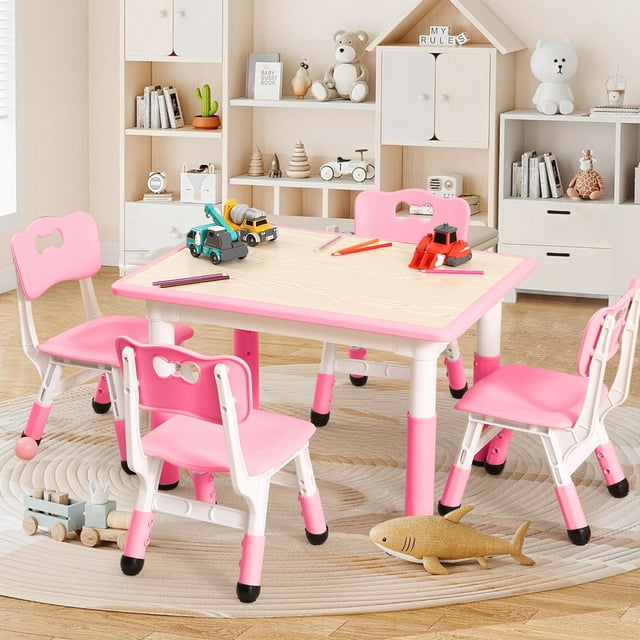 Kids Table and 4 Chairs Set,Height Adjustable Toddler Table and Chair Set for Ages 2-10,Children Multi-Activity Table for Classrooms Daycares Home,Wood