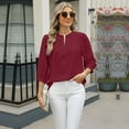 thumbnail image 3 of SWSMCLT Women's Puff Sleeve Top Summer Soft Casual Chiffon Half Sleeve Blouse High Neck Blouse 3/4 Sleeve Top Burgundy XX-Large, 3 of 5