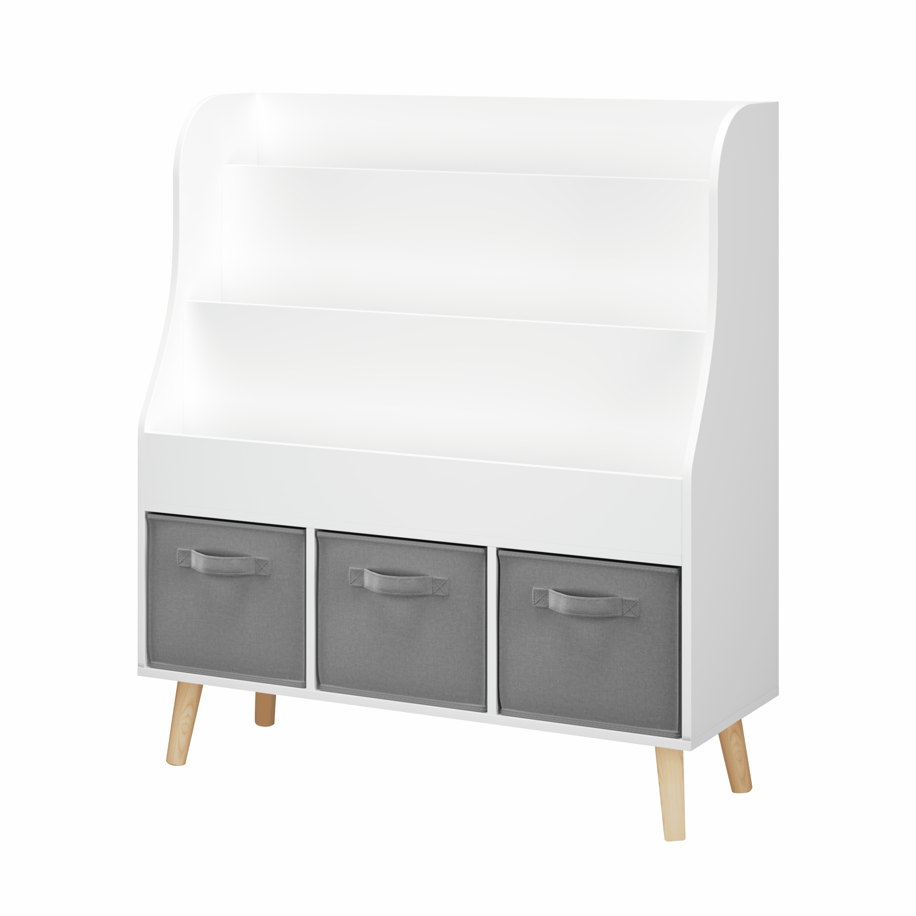 Kids Furniture Kids Bookshelf with 3 Fabric Storage Bins, White Wooden Book Display Organizer for Toddlers and Children, Front-Facing Book Rack with Pine Legs for Playroom, Nursery, or Bedroom,Baby F