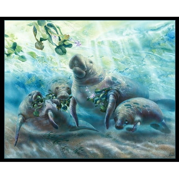 34.75" X 44" Panel Manatees Seas Oceans Water Aquatic Nautical Nature Fish Animals Gentle Giants Black Cotton Fabric Panel (20001BLACK)