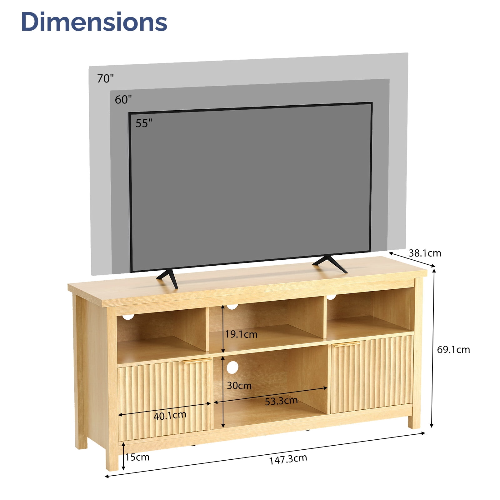 TV Stand with 4 Open Cubbies & 2 Fluted Hinged Storage Doors, Adjustable Inner Shelves, Cable Management Holes, Media Console Cabinet for Living Room Bedroom, 58.07" x 14.96" x 27.36"