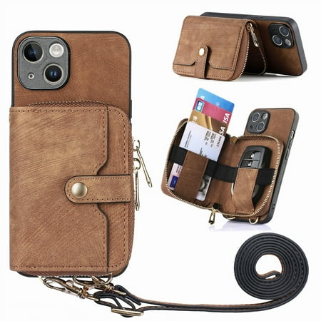 Dteck for iPhone 12 mini Case Wallet with Card Holder, 12 mini Phone Case with Crossbody Strap for Women Men, Handbag Purse Zipper Leather Cover,Brown