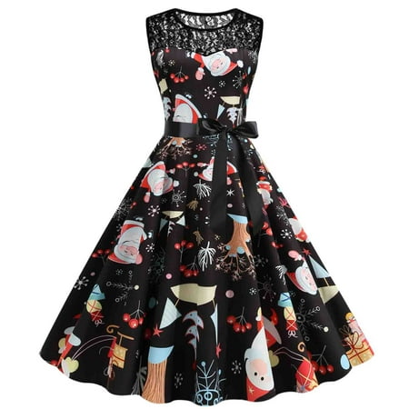 

jsaierl Christmas Dresses Women Sleeveless Crewneck Tea Dress Holiday Santa Graphic A Line Dresses Casual Swing Dress Christmas Gift for Teen Girls