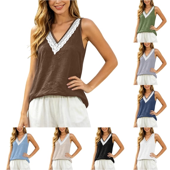 Linen Tank Tops for women Lace Sleeveless V Neck Tank Top Casual Loose Fit Blouse Size XL