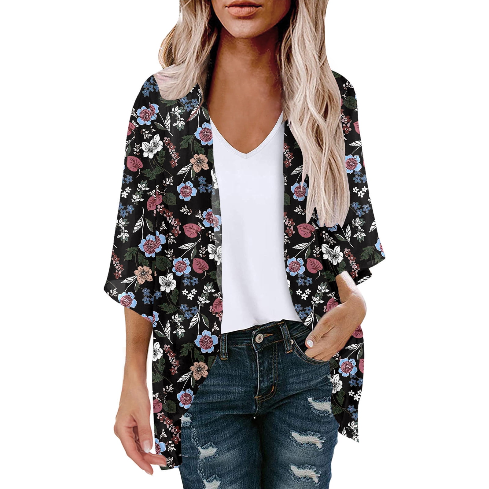 Women s Summer Floral Print Puff Sleeve Cardigan Loose Cover Up Casual Blouse Summer Trendy Tops Walmart