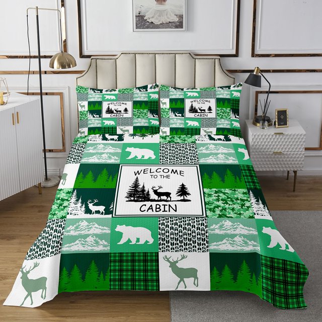 Erosebridal Retro Cabin Farmhouse Coverlet Set King,Hunting Theme Bedding Set,Green Patchwork Decorative,Ultra Soft,3 Pieces