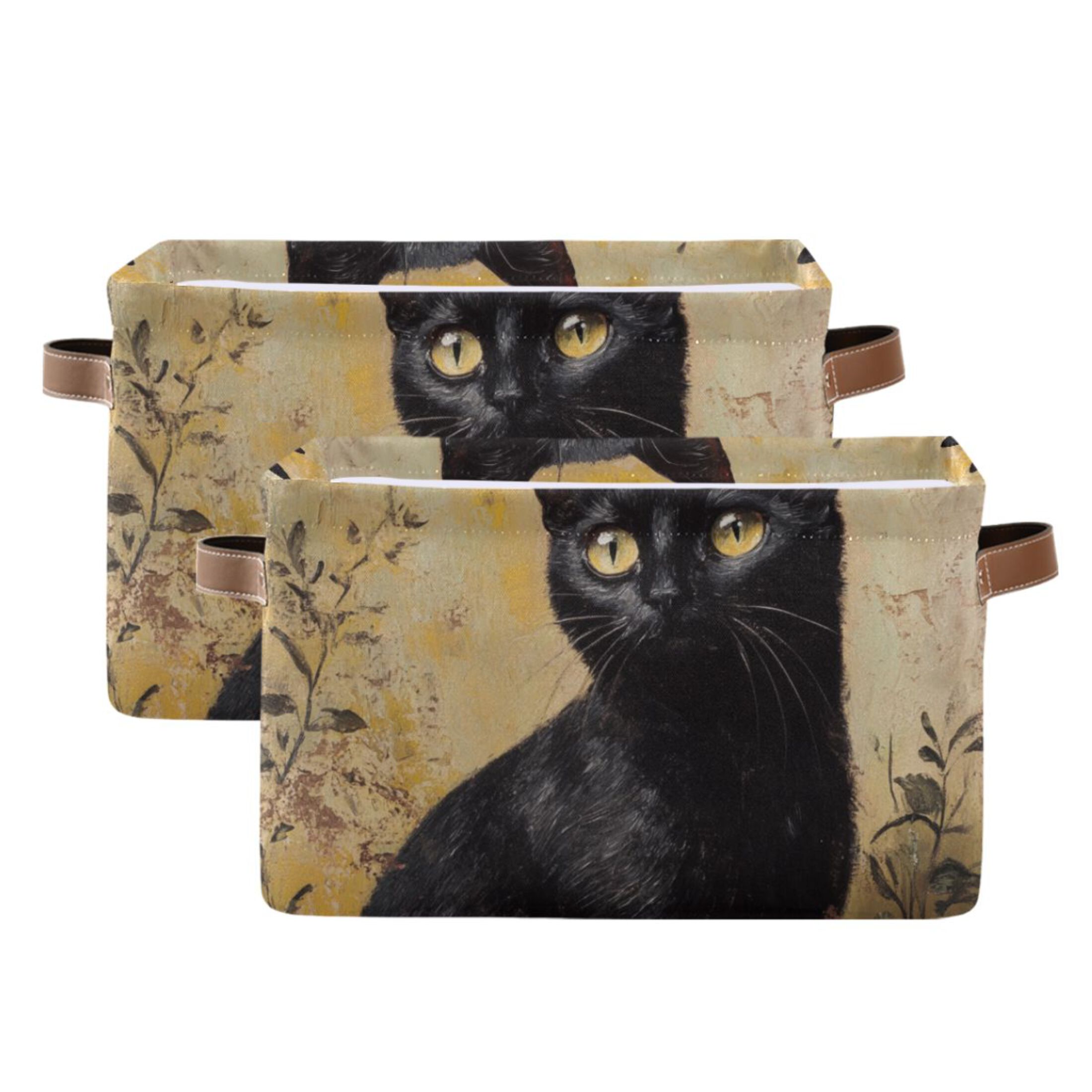 WOBOGO Black Cat with Oil Painting Style Square Storage Basket with Waterproof Canvas and PE Lining Durable PU Leather Handles 14.2×10.2×8.3in