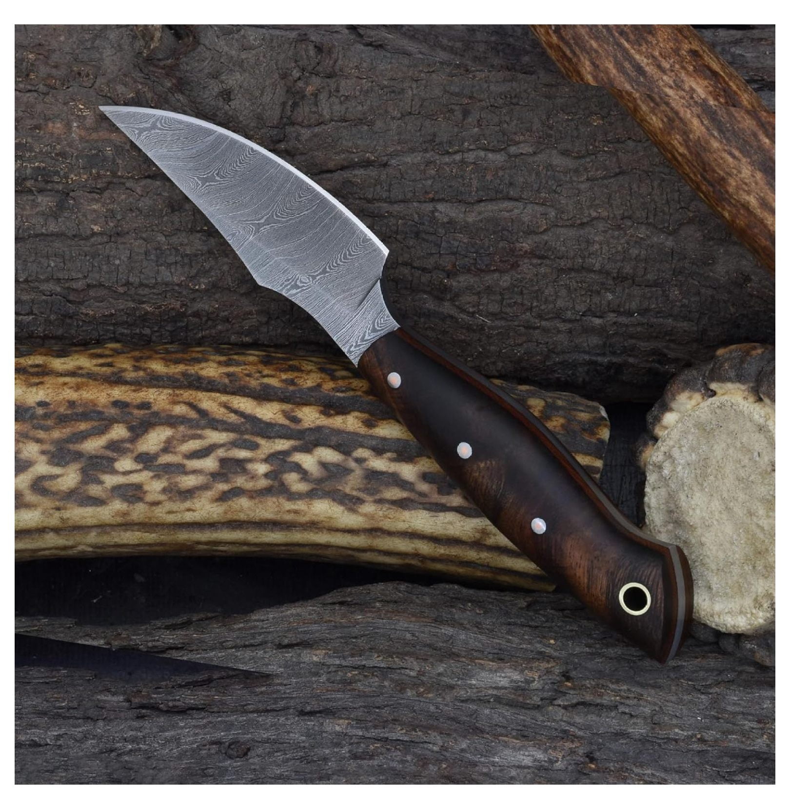 Handmade EDC Fixed Blade Hunting Knife – Forged Damascus Steel – Handle – Horizontal Carry Sheath – Outdoor Knife (3180-IRW)