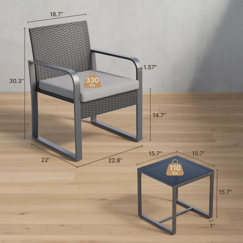 3 PCS Wicker Patio Set, Wicker Rattan Chairs and Tempered Glass Table, for Porch, Balcony, Backyard- Includes Gray Cushions