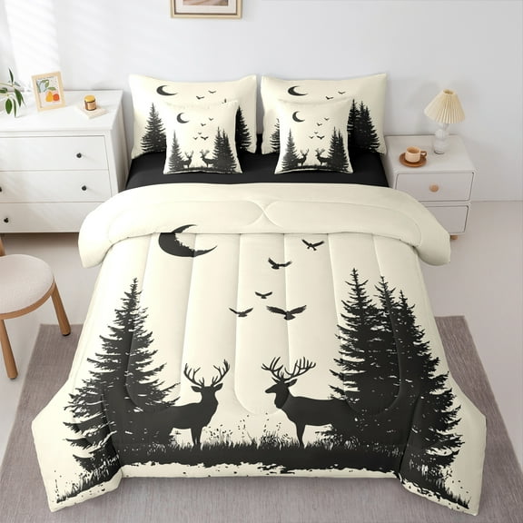 Manfei Cabin Deer Elk Twin Bedding Sets 7-Piece for Boy, Jungle Tree Print Bedding Comforter Set, Woodland Animal Reversible Sheet Sets, Lightweight Room Decor