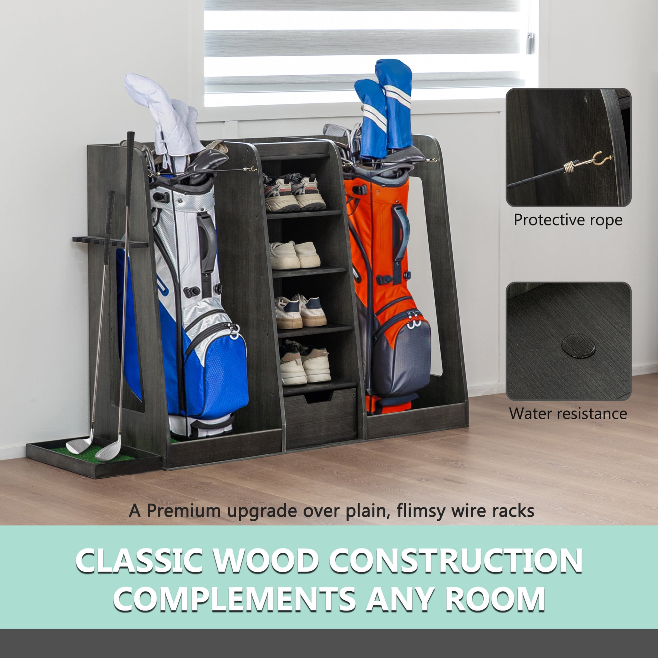 Noble House 55" Wooden Golf Bag Organizer with Storage Drawer, Shoe Rack and Club Side Holder, Gray