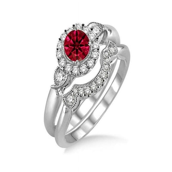 1.25 Carat Ruby & Diamond Antique Three Stone Flower Halo Bridal Set on 14k White Gold (Ruby Diamond Wedding Ring Set for Women)