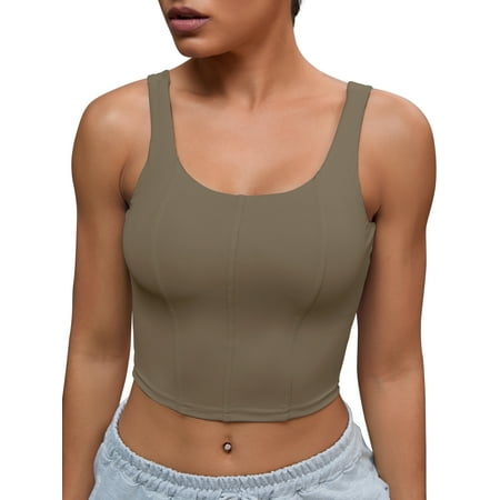 INSPIRE CHIC Womens U Back Longline Padded Sports Bra Cami Crop Workout Fitness Tank Top with Built in Bra L Brown