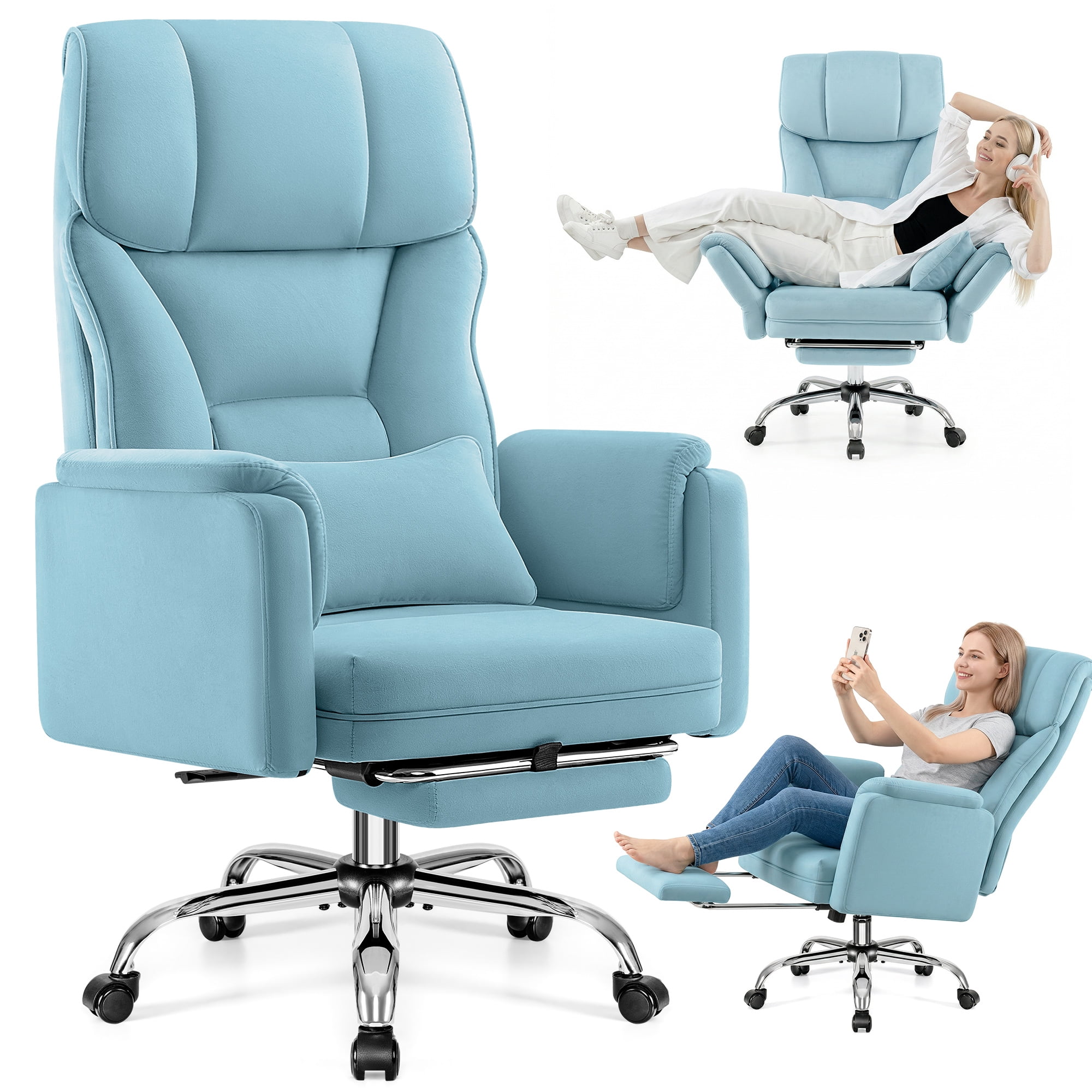 Primy Cross Legged Big and Tall Office Chair with Footrest & Convertible Armrests, 500LBS Velvet Home Desk Chair, Ergonomic Recliner with Lumbar Pillow, Criss Cross Soft-Cushioned Executive Chair