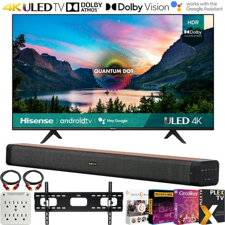 Hisense 65U6G 65 Inch U6G Series 4K ULED Quantum HDR Smart Android TV (2021) Bundle with Deco Home 60W 2.0 Ch Soundbar + 37"-70" TV Wall Mount + Premiere Movies Streaming + 6-Outlet Surge Adapter