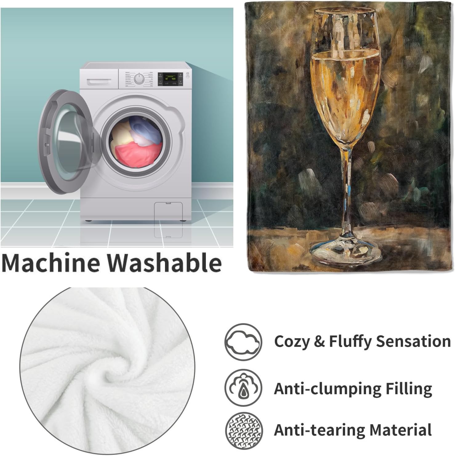 Champagne Glass Throw Blanket Gifts, Soft Cozy Fleece Blanket with Elegant Wine Glass Print, Lightweight Warm Blanket for Couch Bed Sofa, Perfect for Wine Lovers and Home Decor, 50x60 in