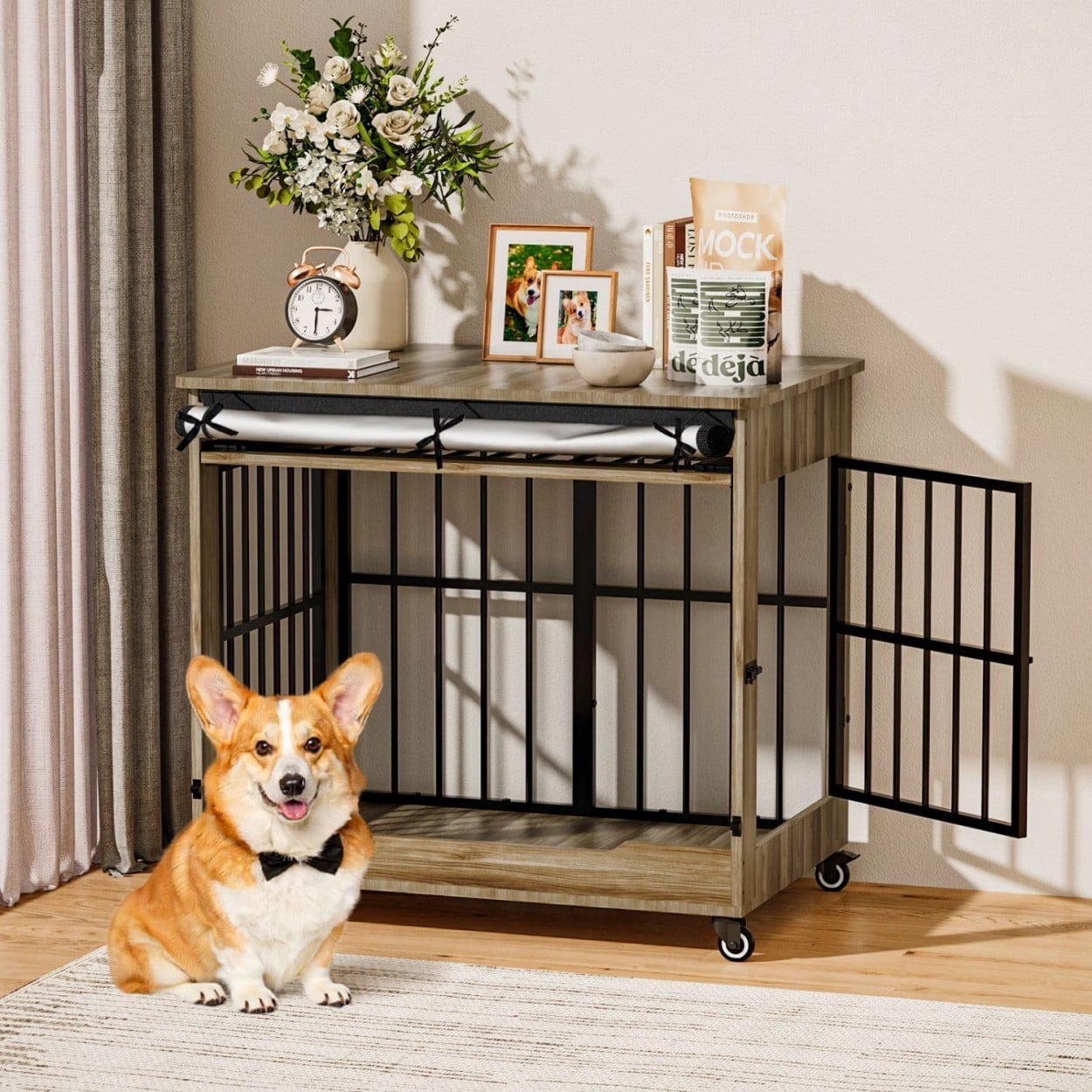 32" Dog Crate Furniture, Wooden Dog Kennel with Double Doors & Wheels, Indoor Dog Cage End Table for Small & Medium Dogs, Furniture Style Pet Crate, Greige