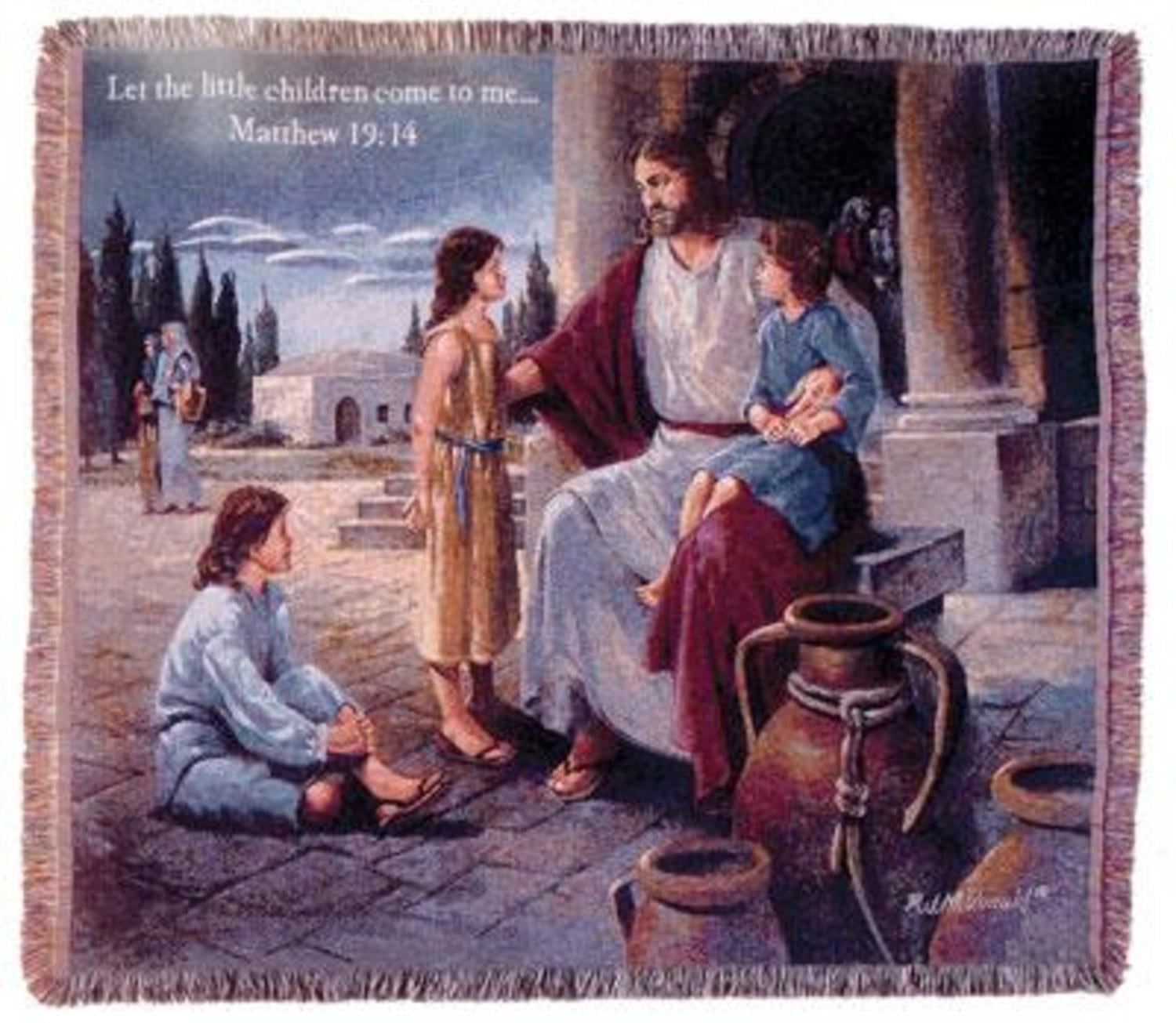 Let the Children Come" Matthew 1914 Jesus Tapestry Throw Blanket 50" x