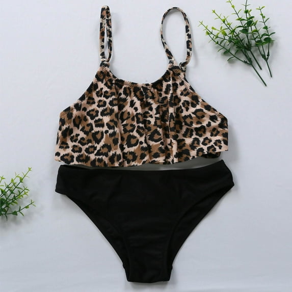 Vedolay Girls' Summer Swimsuit Two Piece Leopard Top Cute Girls Swimwear Set,Black 116/6