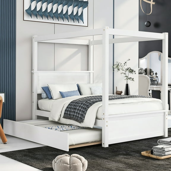 Brushed White Canopy Bed With Trundle, Creative Sleeping Space, Full Built-in Bedroom Features, Size,