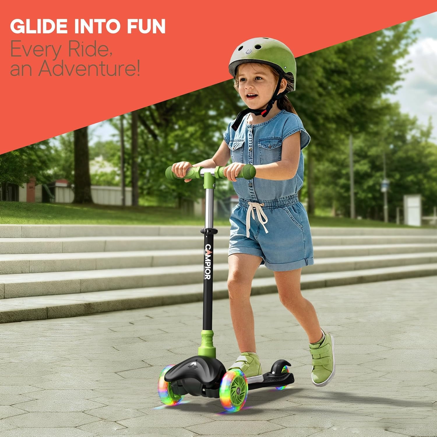 Campior Black & Green 3-Wheel Kids Scooter, Lean-to-Steer with LED Wheels, Adjustable Handlebar, Anti-Slip Deck, Rear Foot Brake, Ages 2+