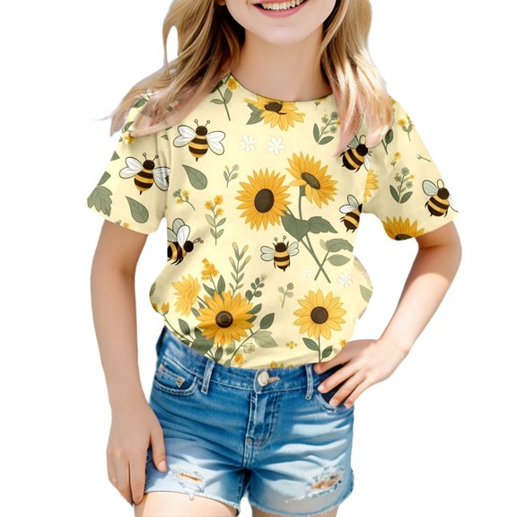 MIXUE Toddler Girls Tops & T-Shirts Summer Bee Festival Floral Print Crew Neck Short Sleeve Fashion Casual Tshirts Holiday Wear,Yellow,3-4 Years