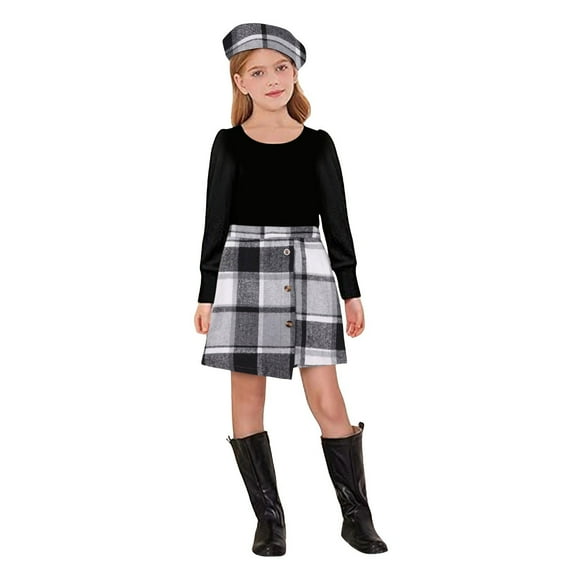 Fsqjgq 5T Fall Outfits for Girls Trendy Girls Clothes Girl Skirt Sets 3 Piece Outfits Square Neck Jacquard Puff Sleeve Tops Plaid Mini Skirt Shorts Fall Winter Clothes Baby Girl Outfits Size 140