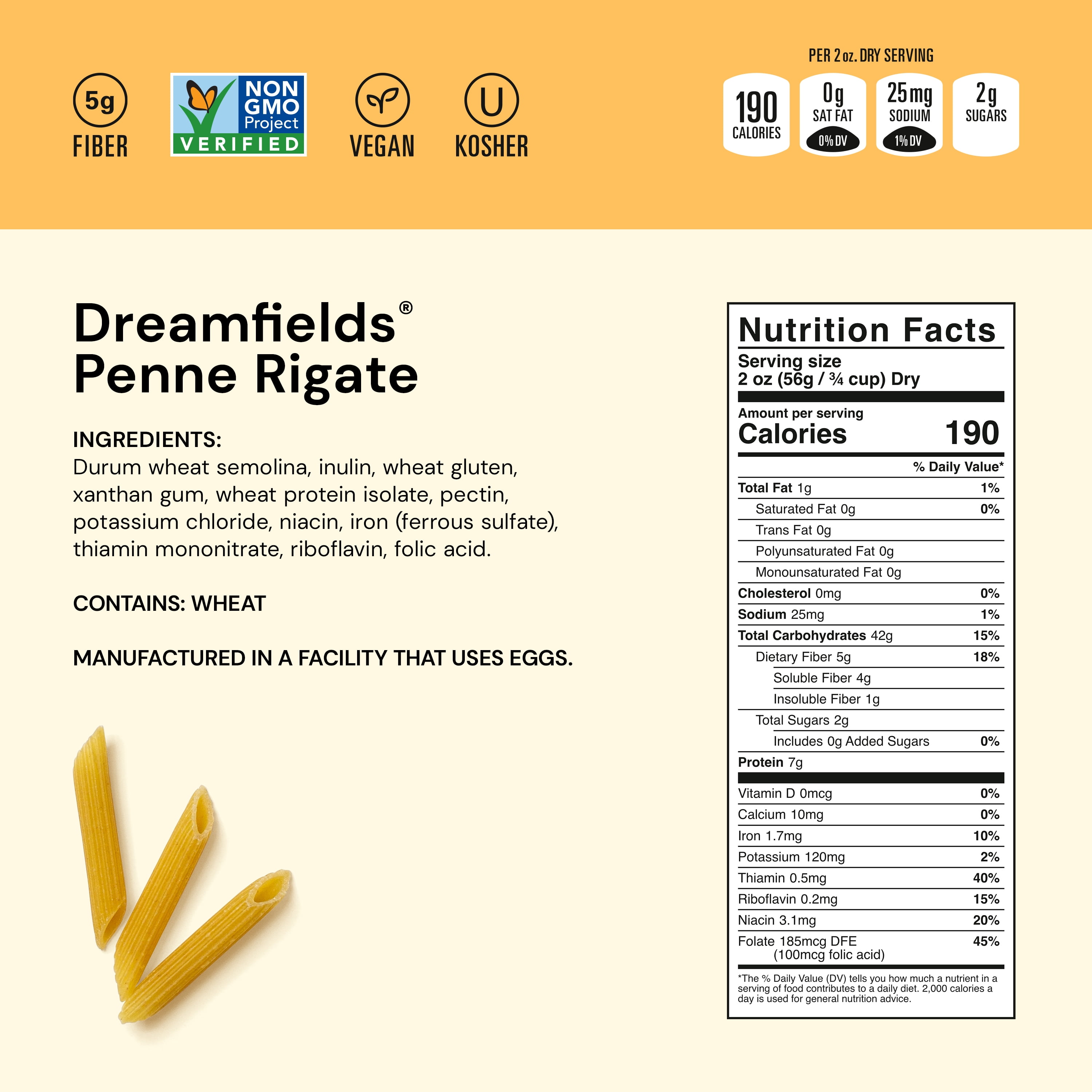 Dreamfields Penne Rigate Pasta, Vegan with 5g Fiber, 13.25 oz, (Shelf Stable)