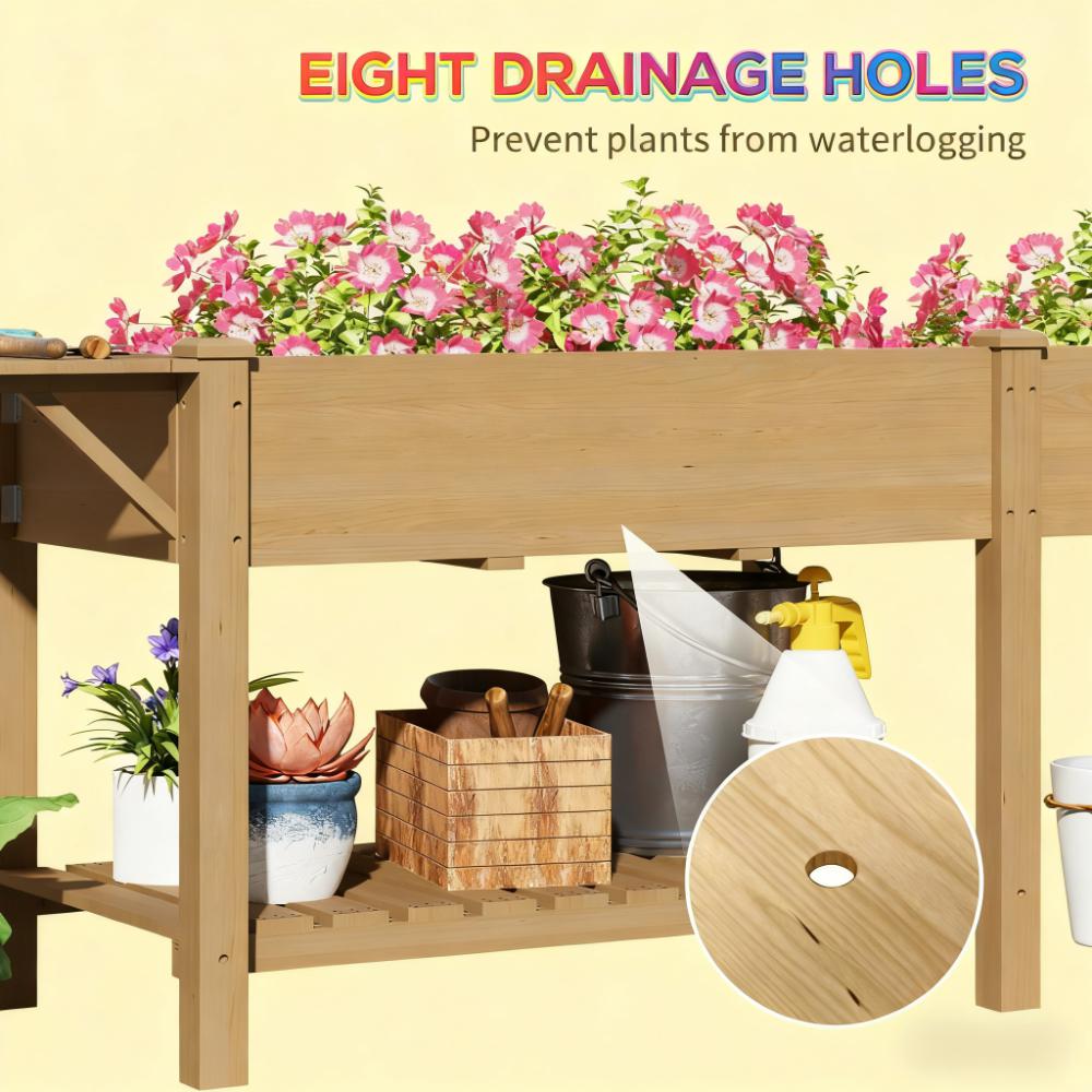 Elevated Garden Bed, Wood Raised Garden Box with Side Table, Bottom Shelf, Bed Liners and Drainage Holes