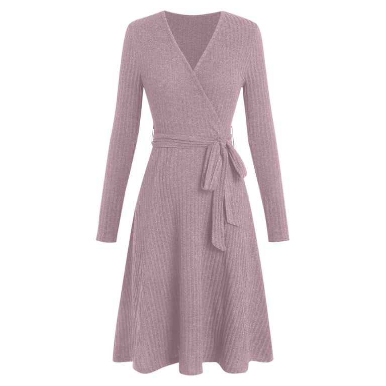 Feancey Casual Dresses for Women Long Sleeve V Neck Sweater Dress Ribbed Knit Swing Midi Dresses Solid Color Teacher Church Dress with Belt Purple L,