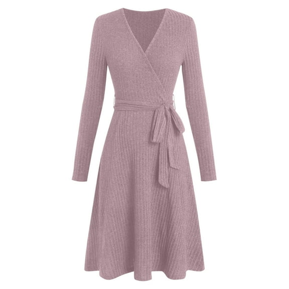 Winter Dresses for Women Solid Color V Neck Brushed Rib A line Long Sleeve Button Pockets Dress