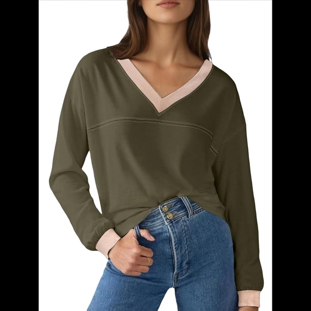 Blusas de Larga para Mujer, Blusas de Otoño, Camisetas Informales de Cuello en V Suaves y de Gran Tamaño, Ropa de Moda, Conjuntos Verde L