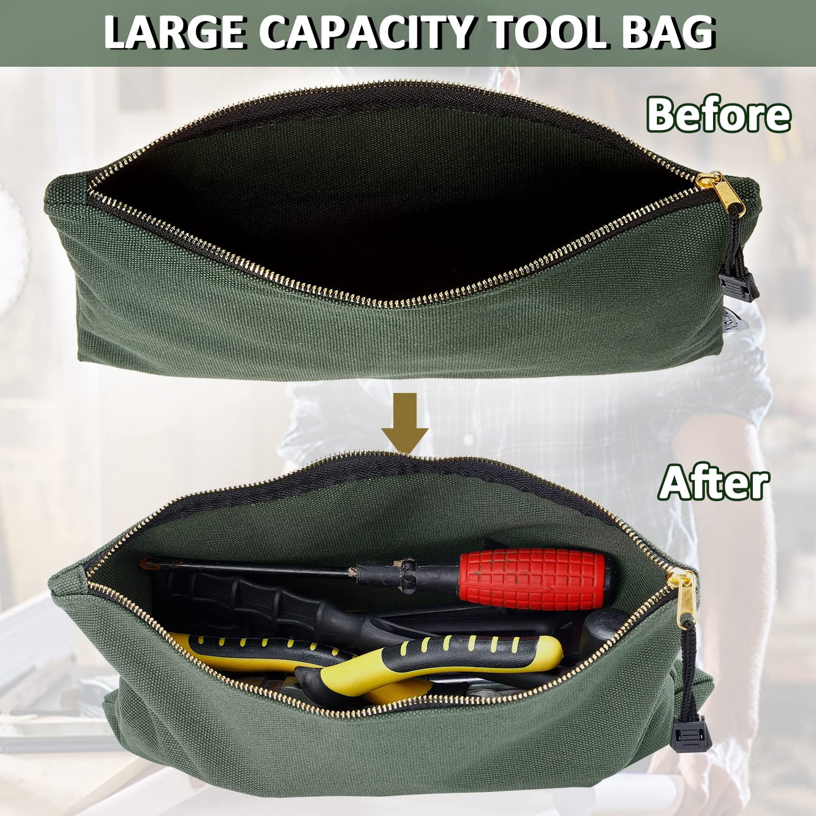 6 Pack Canvas Tool Bags Heavy Duty 16 oz. Canvas Tool Multipurpose Pouch Tote Bag with Dependable Metal Zippers